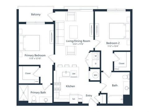 Floor plan for 2 beds, 2 baths, 1035 sqft
